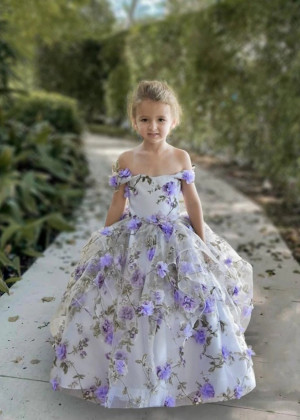 Off Shoulder Lavender Printed Organza 3D Floral Flower Girl Dress